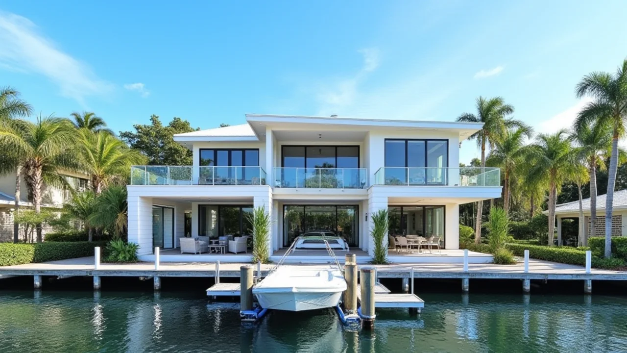 Bay-access luxury custom home with deepwater dock under construction in Sarasota's Harbor Acres